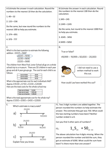 worksheets activities on white rose mastery year 5 block 2 addition and