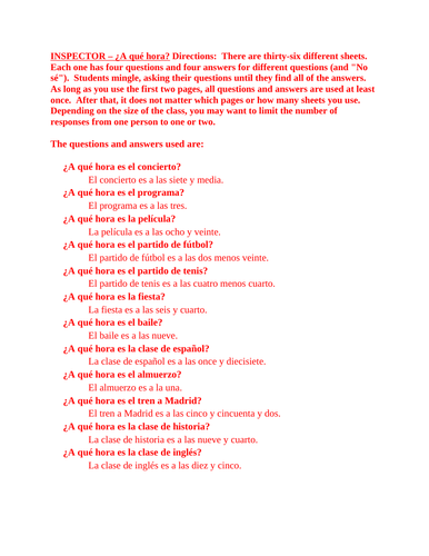 A Qu Hora What Time In Spanish Inspector Speaking Activity 