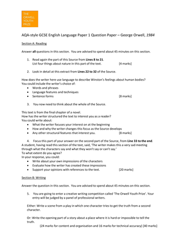 Orwell English Language GCSE practice papers 1 & 2 AQA-style | Teaching ...