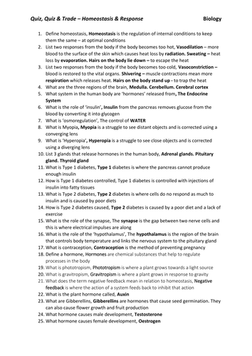 Homeostasis and Response Questions - Quiz, Quiz and Trade