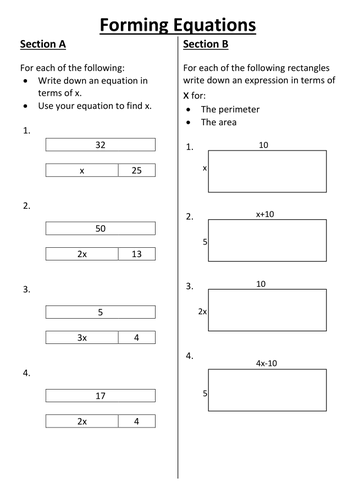 Forming equations and expressions Area perimeter with answers