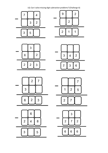 year 456 missing subtraction digit problems column linked to white