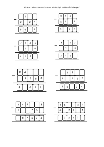 Year 4/5/6 Missing subtraction digit problems (column) Linked to White ...