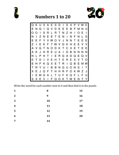 Numbers in English 1 to 20 Wordsearch | Teaching Resources