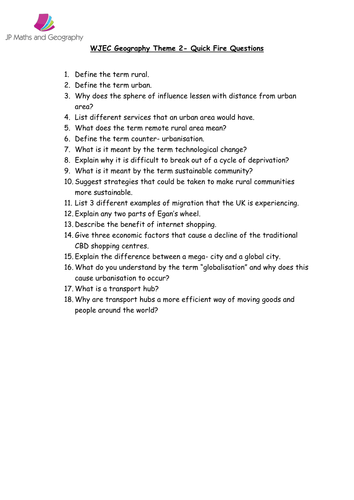 Theme 2 Rural- Urban Links. WJEC Quick Fire Questions