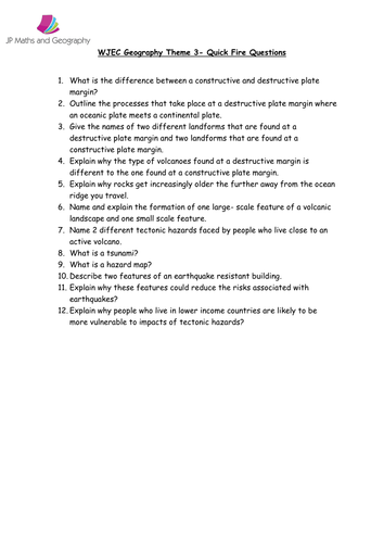 Theme 3 Tectonic Landscapes and Hazards. WJEC Quick Fire Questions.