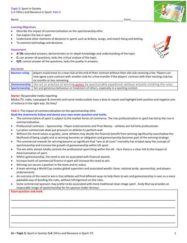 A-Level PE EDEXCEL (spec 2016) 5.4 Ethics and Deviance in Sport: Part 3