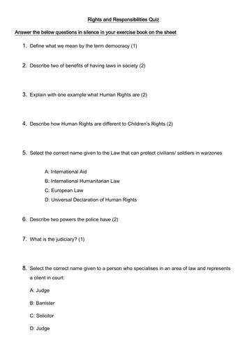 AQA 9-1 Citizenship Rights and Responsibilities Quiz