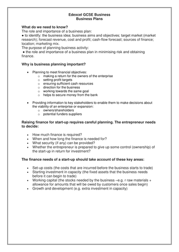 Edexcel 9-1 Business GCSE 1.4.4 Business plans