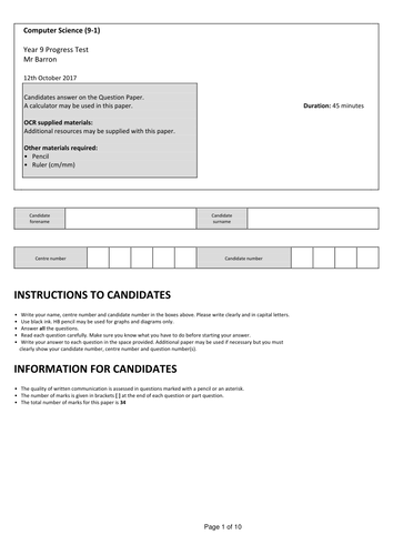 Year 9 Computer Science Progress Test and Mark Scheme