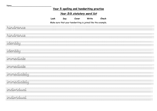 year 5 statutory words handwriting practise worksheets teaching resources