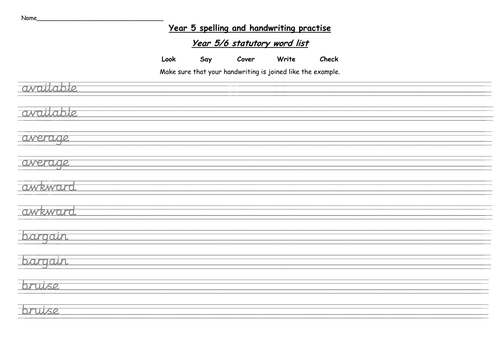 Year 5 Statutory Words Handwriting Practise Worksheets Teaching Resources