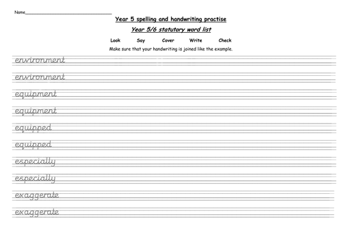 year 5 statutory words handwriting practise worksheets teaching resources