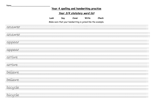 Year 4 Statutory Words Handwriting Practise Worksheets Teaching Resources