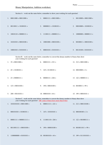 Binary Addition Worksheet Teaching Resources