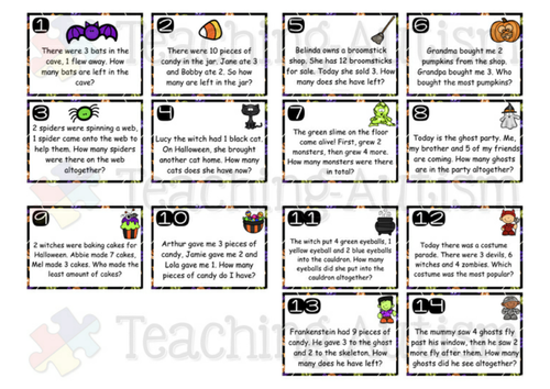 Halloween Word Problems Task Cards | Teaching Resources