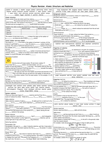 Atomic Structure and radiation A3 summary sheet