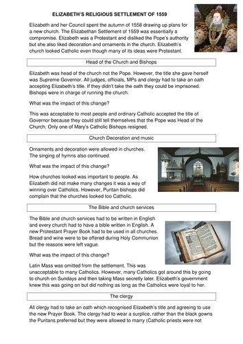 GCSE History Early Elizabethan England L2 The Religious Settlement ...