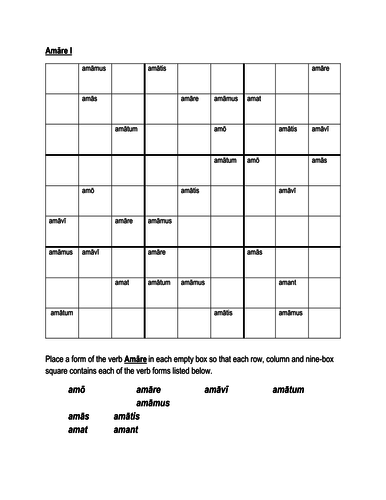 Am re Present Active Latin Verb Sudoku Teaching Resources