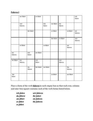 Fahren German Verb Present Tense Sudoku | Teaching Resources