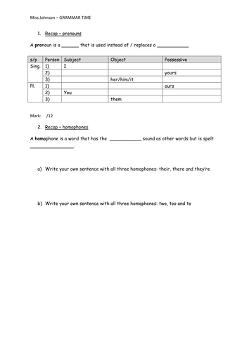 spag worksheet pronouns and homophones teaching resources