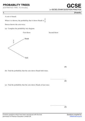 Gcse 9 1 Exam Question Practice Probability Trees Teaching Resources