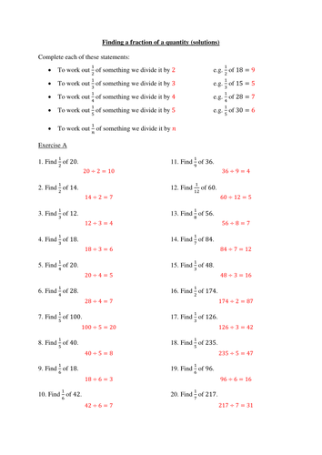 fraction of a quantity worksheet teaching resources