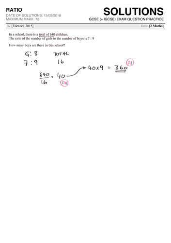 Gcse 9 1 Exam Question Practice Ratio Teaching Resources