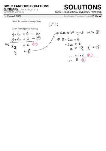 Gcse 9 1 Exam Question Practice Simultaneous Equations Teaching Resources