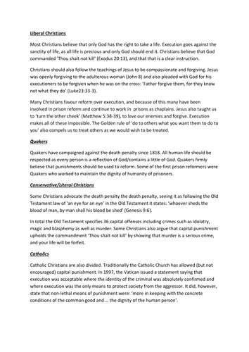 Eduqas Component One: Issues of Good and Evil - Crime and Punishment: death penalty religious views