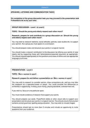 Equality - Functional Skills Speaking and Listening Tasks