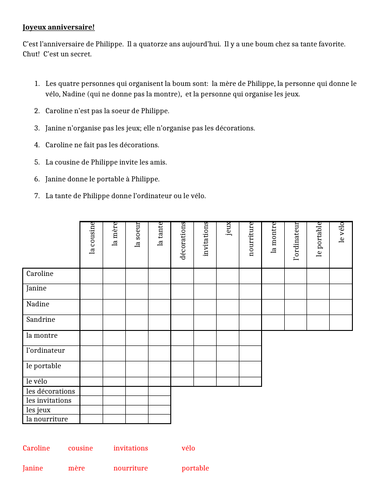 Joyeux Anniversaire Family In French Logic Problem Teaching Resources