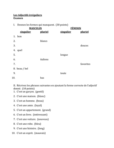 Adjectifs irréguliers (French adjectives) test | Teaching Resources