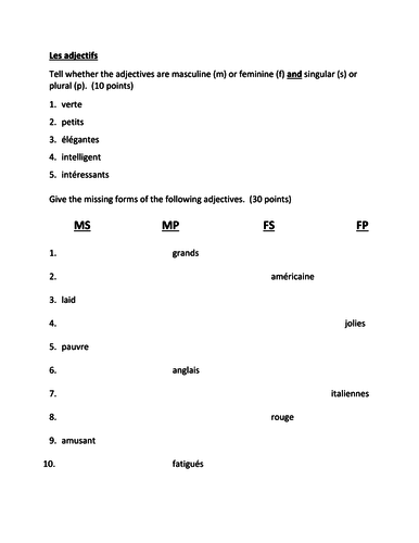 Adjectifs French Adjectives Quiz 2 Teaching Resources