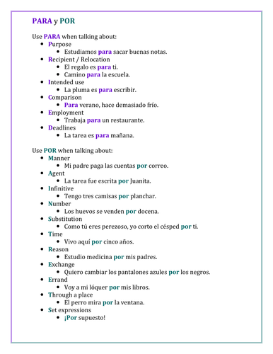 Para y Por study guide | Teaching Resources