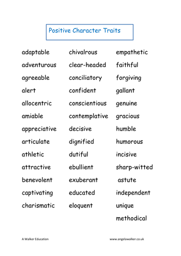 Character Positive Character Traits Vocab Building List Teaching Resources