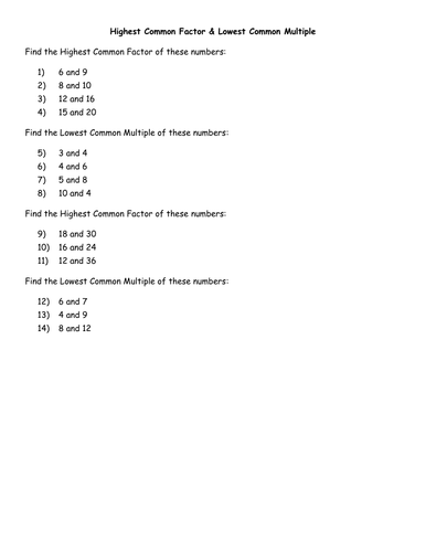 Common Multiples Worksheet Tes