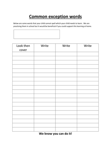 Year 2 common exception word homework and table