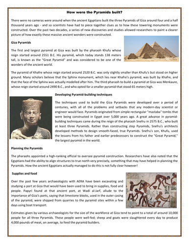 How were the Pyramids built? - Reading Comprehension Worksheet / Text ...