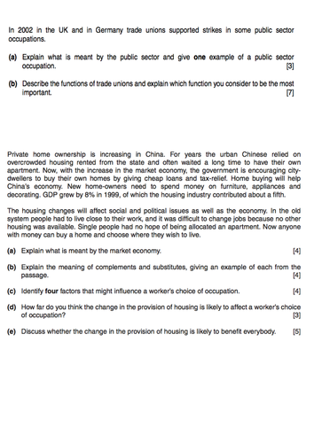 igcse economics sections 3 4 and 5 revision questions teaching