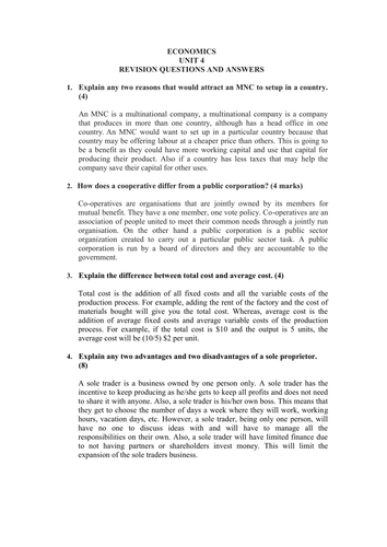 IGCSE Economics Section 4 Revision questions with answers