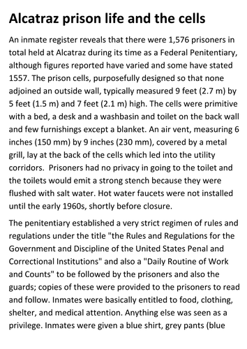Alcatraz Prison life and the cells Handout