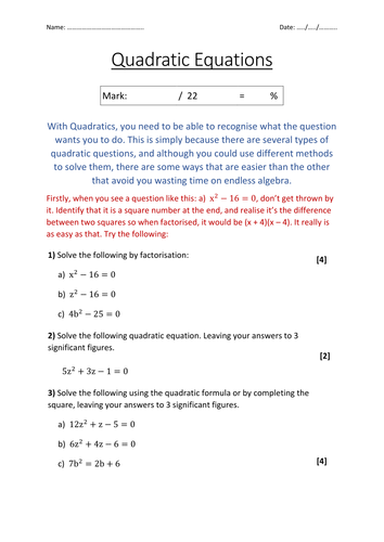 Quadratics GCSE Worksheet