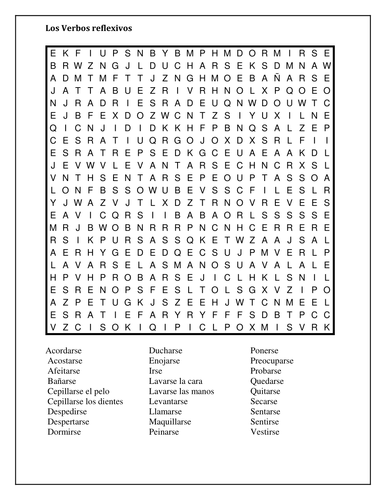 Verbos reflexivos (Spanish Reflexive verbs) Wordsearch | Teaching Resources