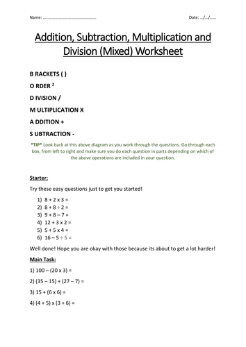 BODMAS / BIDMAS Worksheet