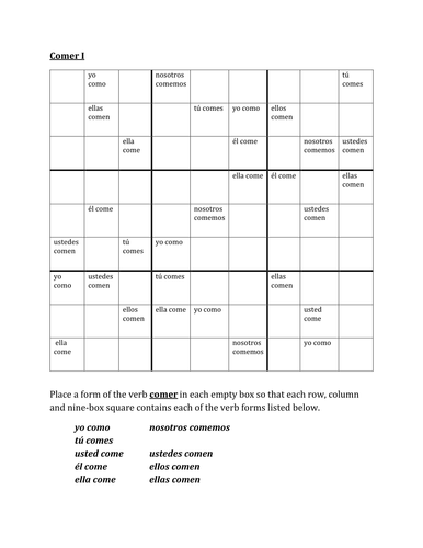 Comer Spanish Verb Present Tense Sudoku Teaching Resources