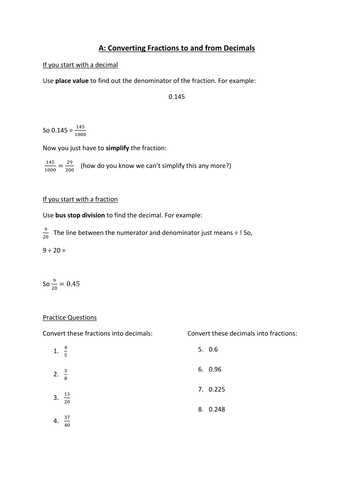 Converting Fractions, Decimals and Percentages (FDP)