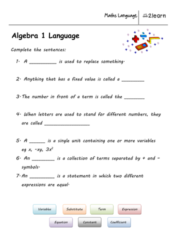 Math Language Algebra 1 Worksheet For 9 16 Year Old Teaching Resources