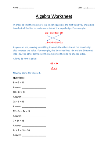 Solving Simple Algebra Worksheeet