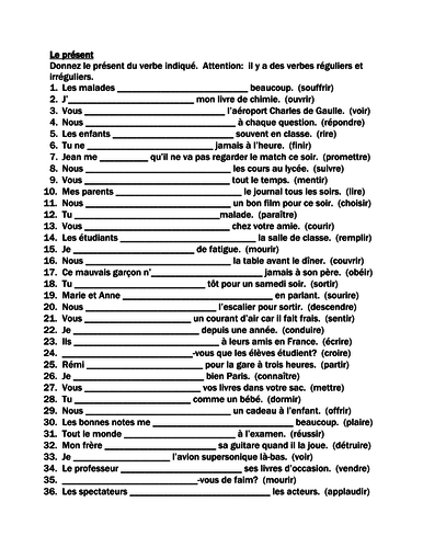 present tense regular and irregular french verbs worksheet teaching